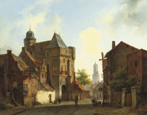 A peaceful town square in summer